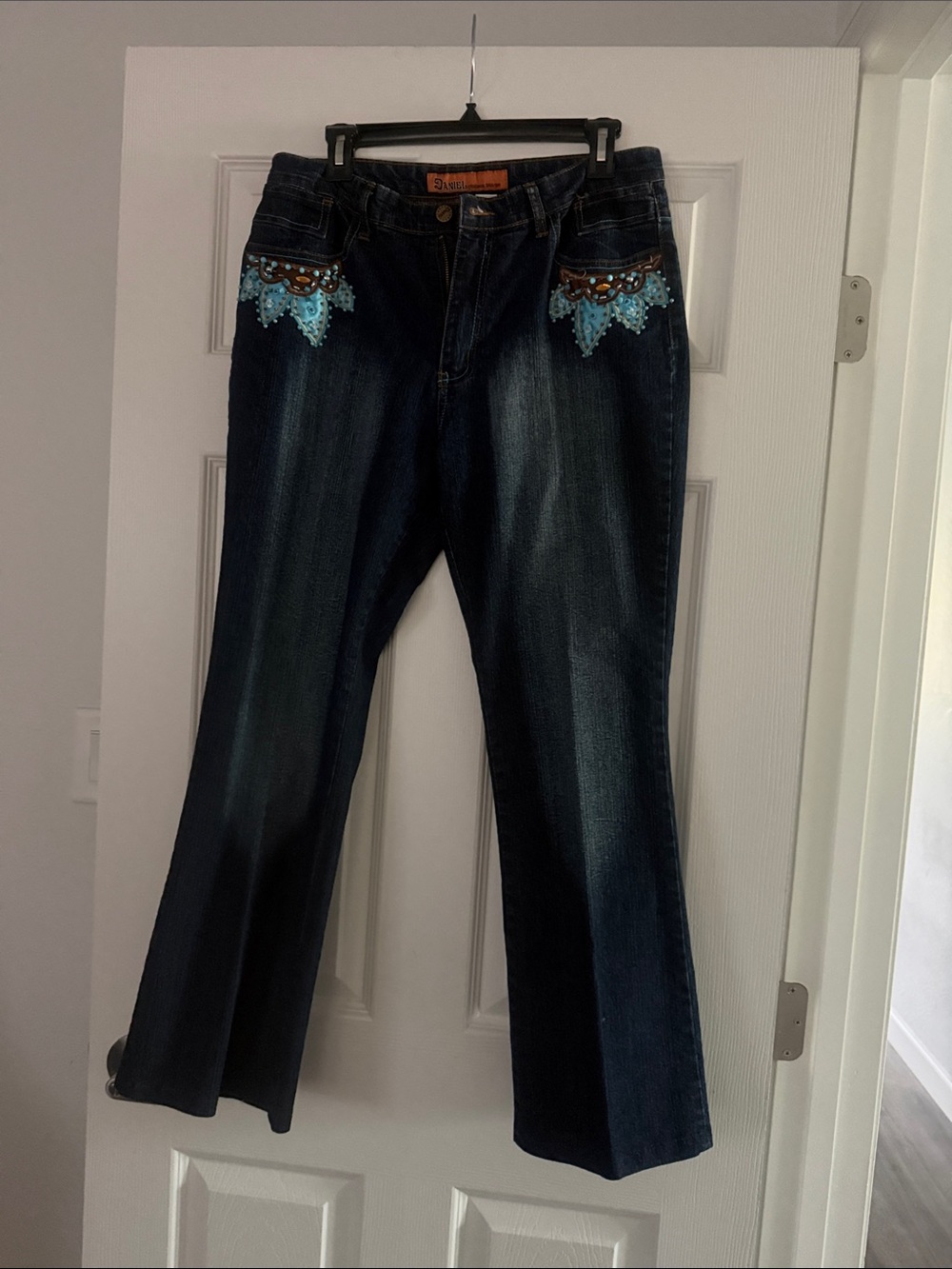 Dark Indigo Flare Jeans with Turquoise Lace Trim by Sag Harbor